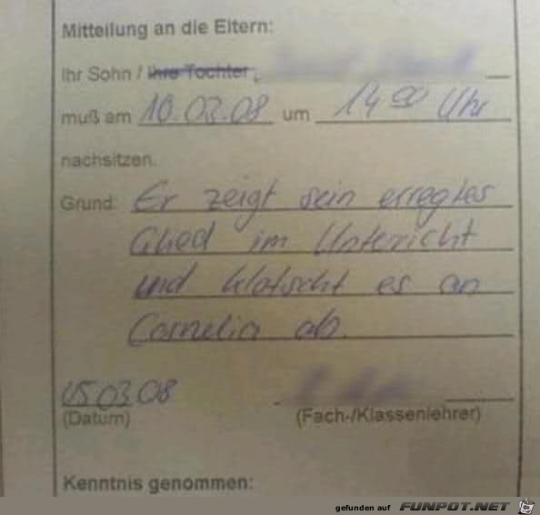 Mitteilung an die Eltern Mitteilung an die Eltern