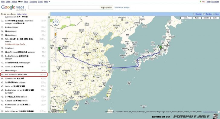 Google - die Route von Japan nach China