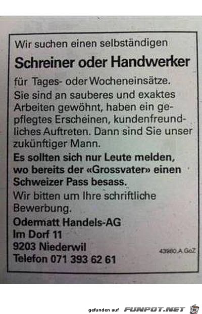 Job nur fuer Ur-Schweizer