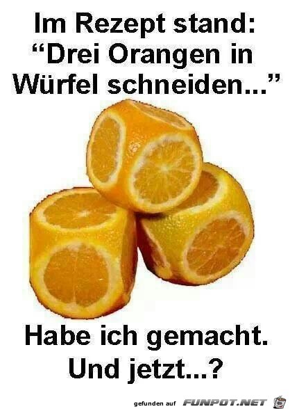 drei Orangen in Wuerfel schneiden drei Orangen in Wuerfel schneiden