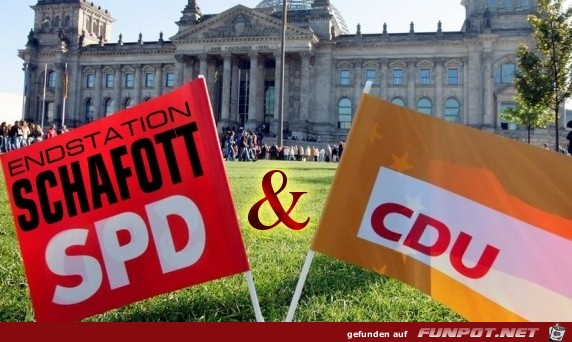 Symbol-der-grossen-Koalition-Faehnchen-von-SPD-und-CDU-vor-d