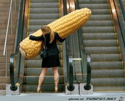 A-woman-trying-to-get-her-corn-up-the-escalator A-woman-trying-to-get-her-corn-up-the-escalator