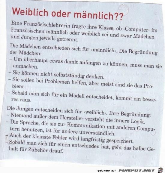 Männlich oder weiblich Männlich oder weiblich