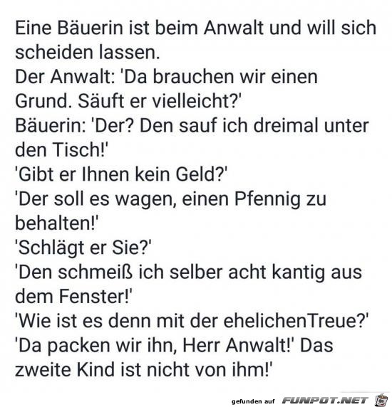 eine Buerin ist beim Anwalt und will sich scheiden lassen..