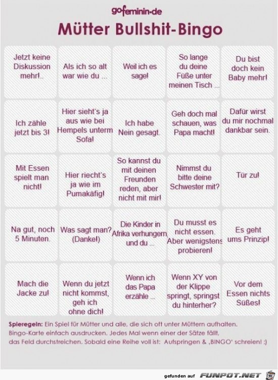Mütter Bullshit-Bingo Mütter Bullshit-Bingo