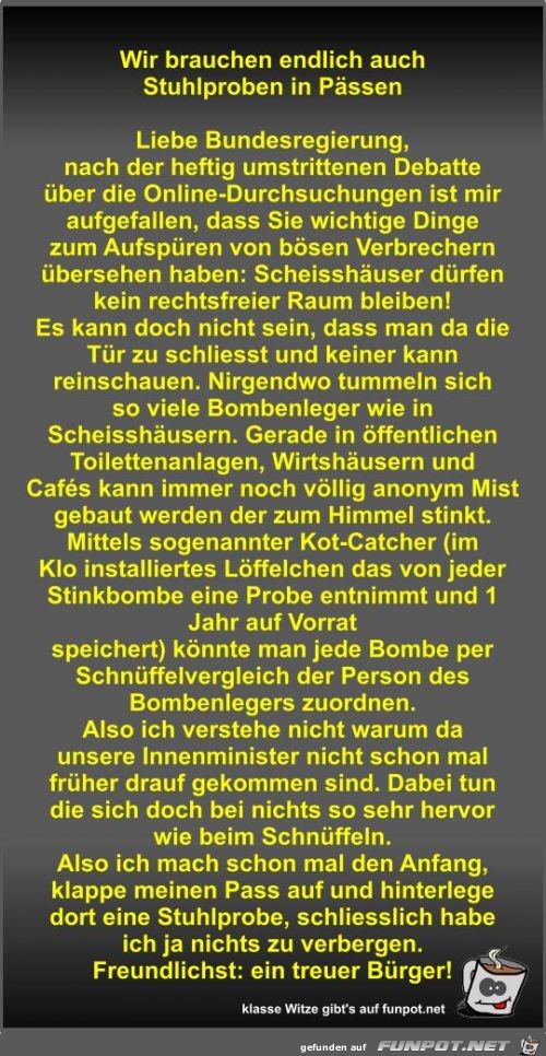 Wir brauchen endlich auch Stuhlproben in Pässen Wir brauchen endlich auch Stuhlproben in Pässen