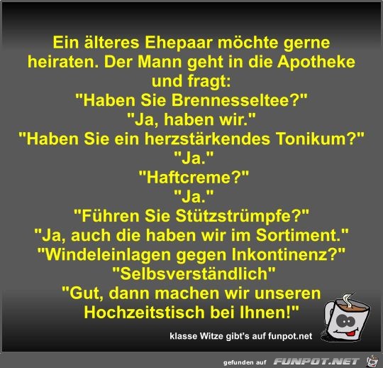 Ein lteres Ehepaar mchte gerne heiraten