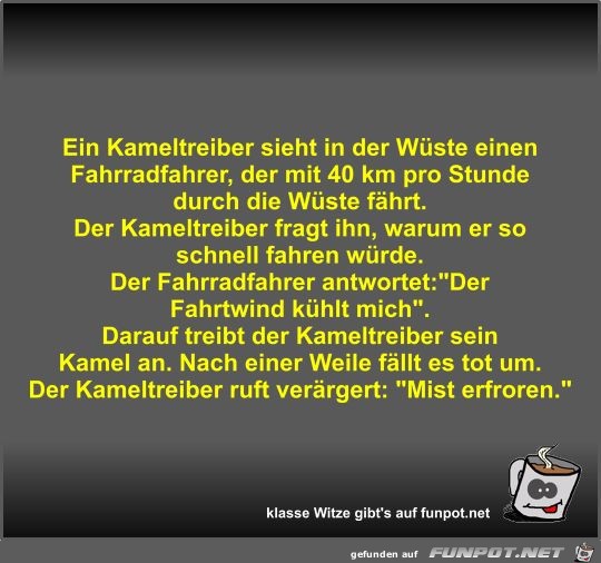Ein Kameltreiber sieht in der Wüste einen Fahrradfahrer Ein Kameltreiber sieht in der Wüste einen Fahrradfahrer