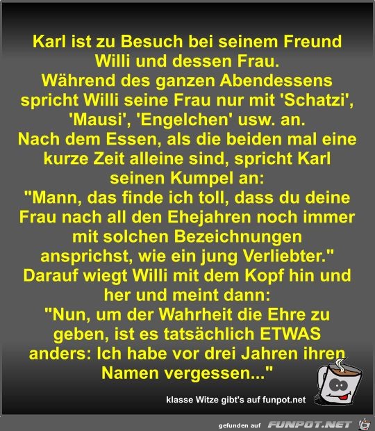 Karl ist zu Besuch bei seinem Freund Willi und dessen Frau Karl ist zu Besuch bei seinem Freund Willi und dessen Frau