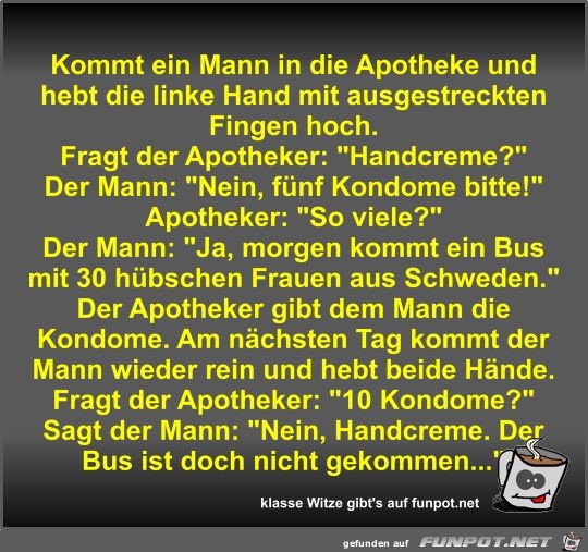 Kommt ein Mann in die Apotheke und hebt die linke Hand mit