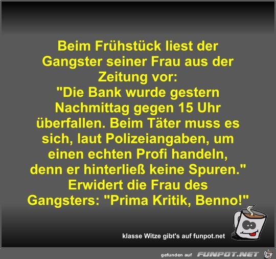 Beim Frühstück liest der Gangster seiner Frau aus der... Beim Frühstück liest der Gangster seiner Frau aus der...