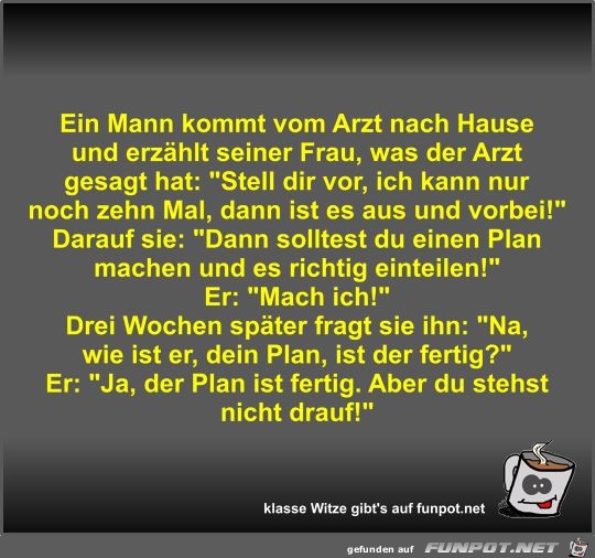Ein Mann kommt vom Arzt nach Hause und erzählt seiner Frau Ein Mann kommt vom Arzt nach Hause und erzählt seiner Frau