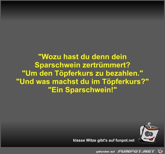 Wozu hast du denn dein Sparschwein zertrümmert? Wozu hast du denn dein Sparschwein zertrümmert?