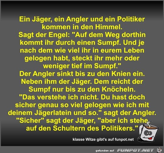 Ein Jäger, ein Angler und ein Politiker kommen in den Himmel Ein Jäger, ein Angler und ein Politiker kommen in den Himmel