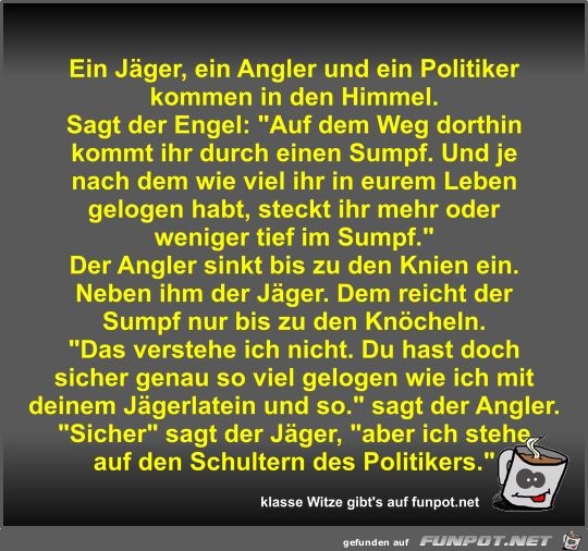 Ein Jger, ein Angler und ein Politiker kommen in den Himmel