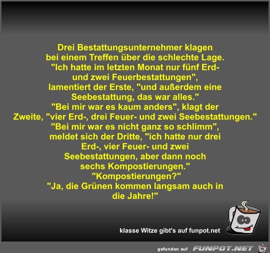 Drei Bestattungsunternehmer klagen bei einem Treffen über... Drei Bestattungsunternehmer klagen bei einem Treffen über...