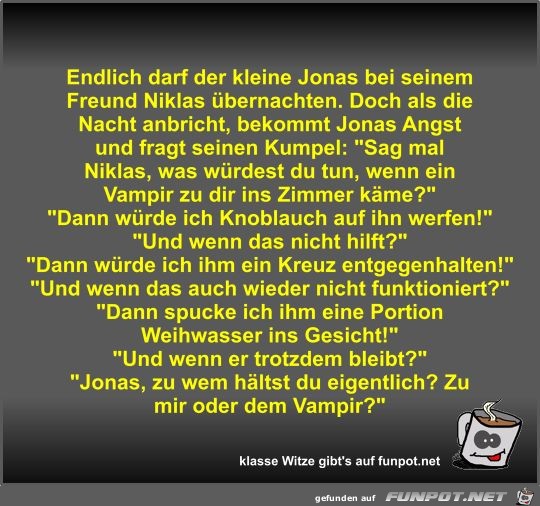 Endlich darf der kleine Jonas bei seinem Freund Niklas...