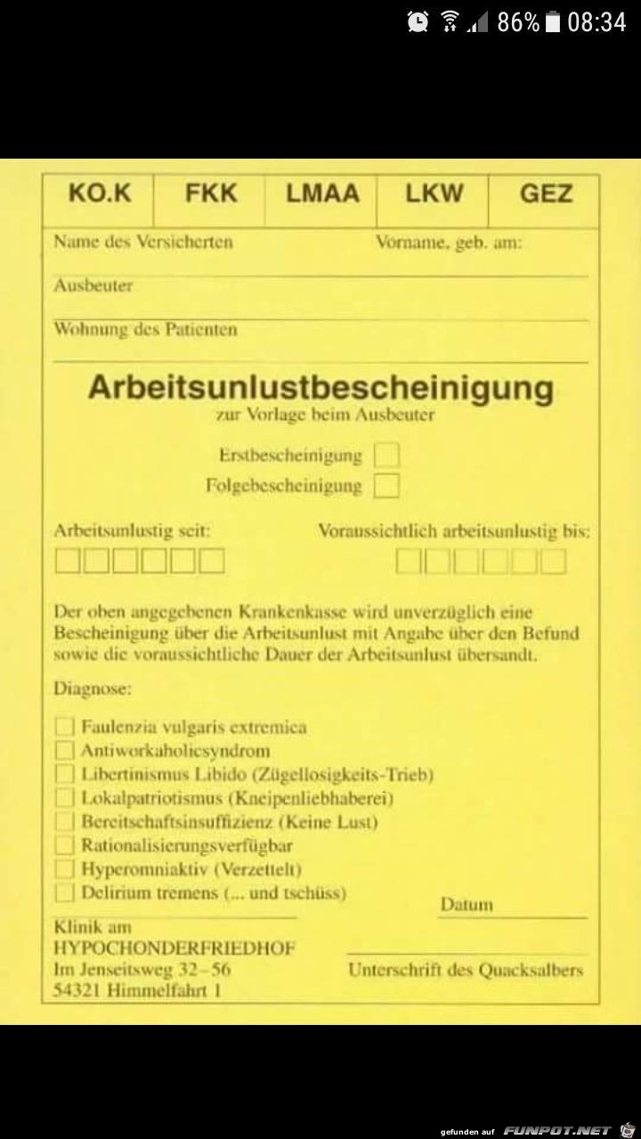 Arbeitsunlustbescheinigung Arbeitsunlustbescheinigung