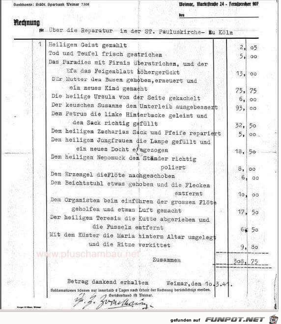 Rechnung über die Kirchenreparatur 1941 Rechnung über die Kirchenreparatur 1941