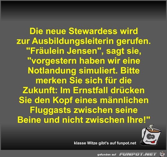 Die neue Stewardess wird zur Ausbildungsleiterin gerufen Die neue Stewardess wird zur Ausbildungsleiterin gerufen
