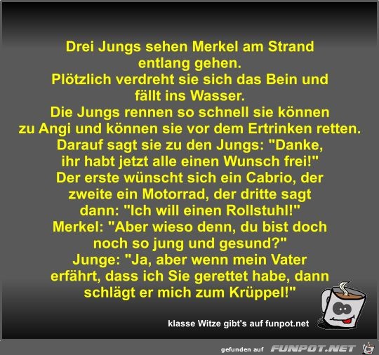 Drei Jungs sehen Merkel am Strand entlang gehen Drei Jungs sehen Merkel am Strand entlang gehen