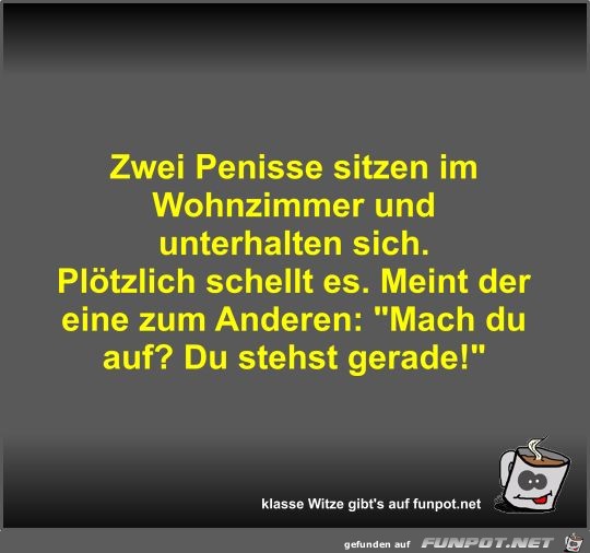 Zwei Penisse sitzen im Wohnzimmer und unterhalten sich Zwei Penisse sitzen im Wohnzimmer und unterhalten sich