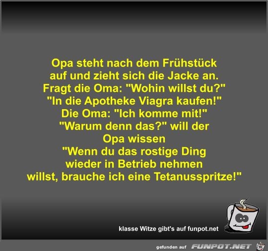Opa steht nach dem Frühstück auf und zieht sich die Jacke an Opa steht nach dem Frühstück auf und zieht sich die Jacke an