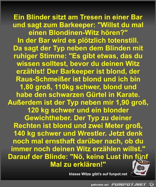 Ein Blinder sitzt am Tresen in einer Bar und sagt zum...