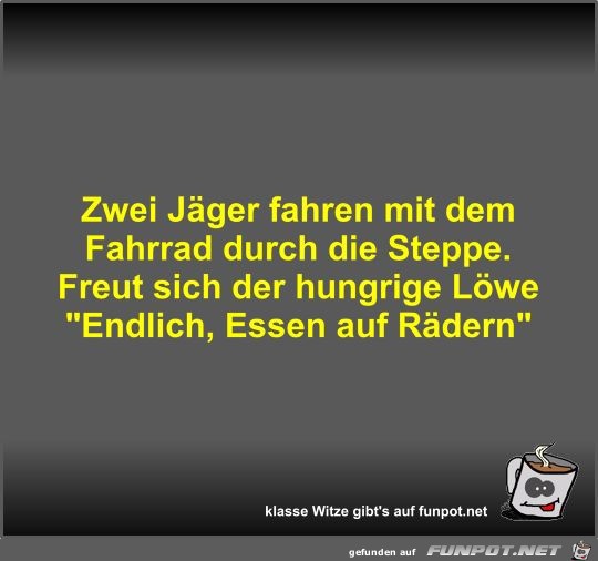 Zwei Jäger fahren mit dem Fahrrad durch die Steppe Zwei Jäger fahren mit dem Fahrrad durch die Steppe