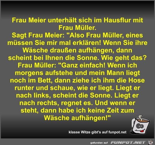 Frau Meier unterhält sich im Hausflur mit Frau Müller Frau Meier unterhält sich im Hausflur mit Frau Müller