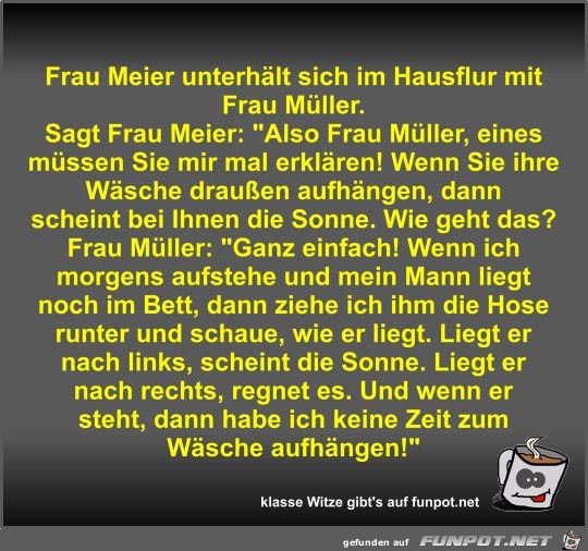 Frau Meier unterhlt sich im Hausflur mit Frau Mller