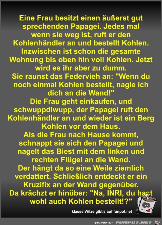 Eine Frau besitzt einen äußerst gut sprechenden Papagei Eine Frau besitzt einen äußerst gut sprechenden Papagei