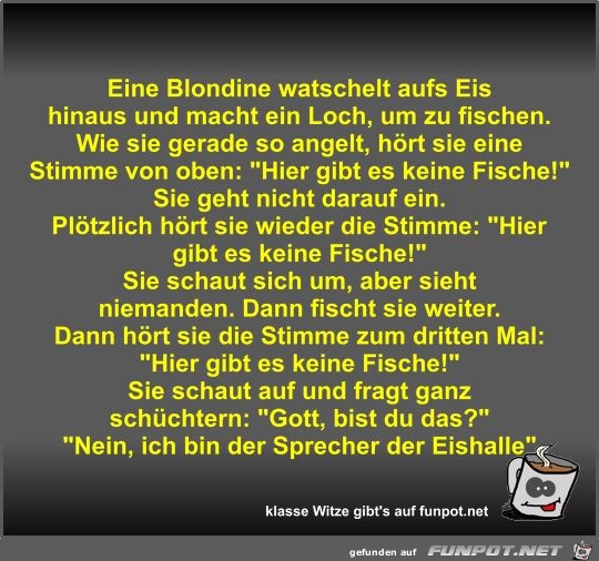 Eine Blondine watschelt aufs Eis hinaus und macht ein Loch Eine Blondine watschelt aufs Eis hinaus und macht ein Loch