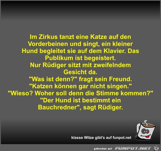 Im Zirkus tanzt eine Katze auf den Vorderbeinen und singt