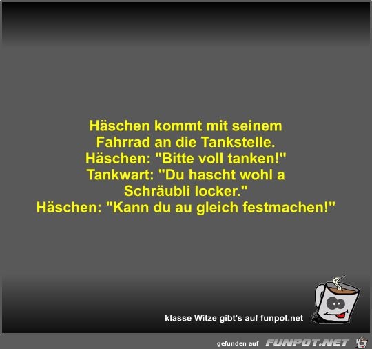 Häschen kommt mit seinem Fahrrad an die Tankstelle Häschen kommt mit seinem Fahrrad an die Tankstelle