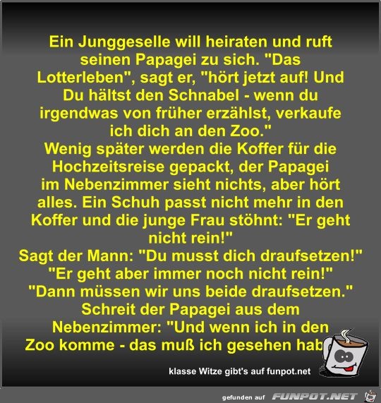 Ein Junggeselle will heiraten und ruft seinen Papagei zu... Ein Junggeselle will heiraten und ruft seinen Papagei zu...