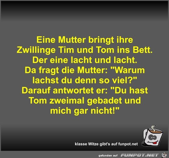 Eine Mutter bringt ihre Zwillinge Tim und Tom ins Bett