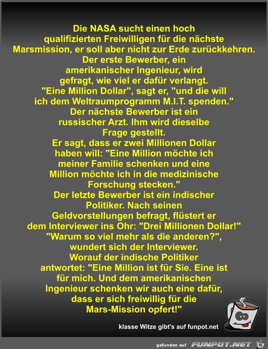 Die NASA sucht einen hoch qualifizierten Freiwilligen für... Die NASA sucht einen hoch qualifizierten Freiwilligen für...