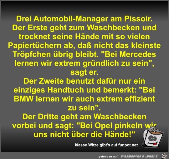 Drei Automobil-Manager am Pissoir