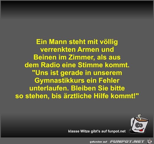Ein Mann steht mit völlig verrenkten Armen und Beinen im... Ein Mann steht mit völlig verrenkten Armen und Beinen im...