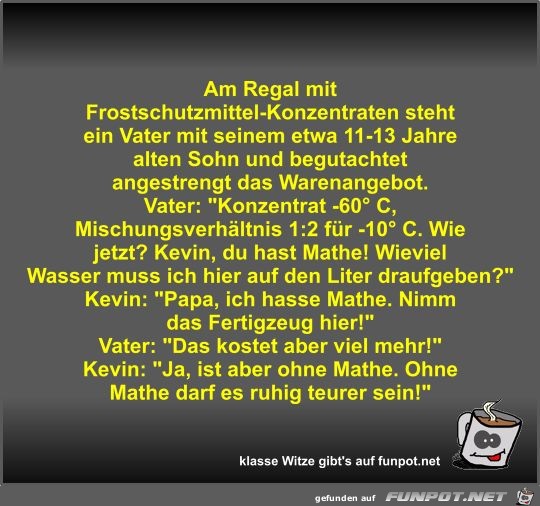 Am Regal mit Frostschutzmittel-Konzentraten steht ein Vater