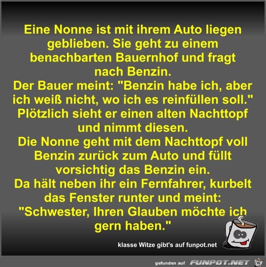 Eine Nonne ist mit ihrem Auto liegen geblieben