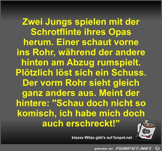 Zwei Jungs spielen mit der Schrotflinte ihres Opas herum Zwei Jungs spielen mit der Schrotflinte ihres Opas herum