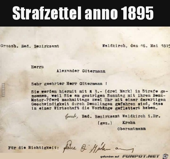Strafzettel Anno 1895.....