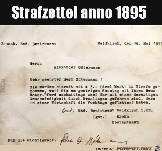 Strafzettel Anno 1895..... Strafzettel Anno 1895.....