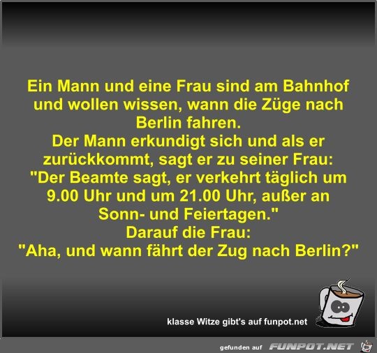 Ein Mann und eine Frau sind am Bahnhof und wollen wissen