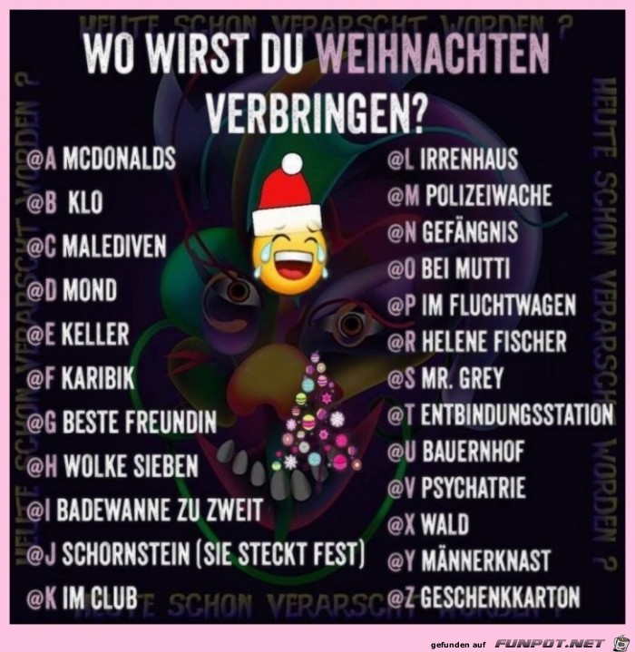 Wo wirst Du Weihnachten verbringen? Wo wirst Du Weihnachten verbringen?