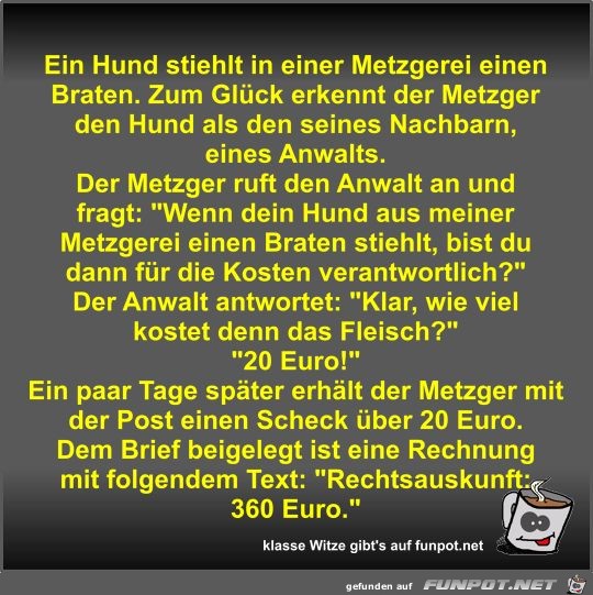 Ein Hund stiehlt in einer Metzgerei einen Braten