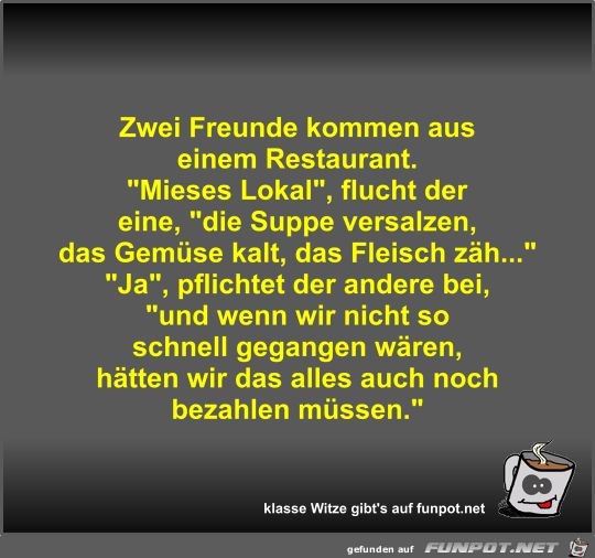 Zwei Freunde kommen aus einem Restaurant Zwei Freunde kommen aus einem Restaurant