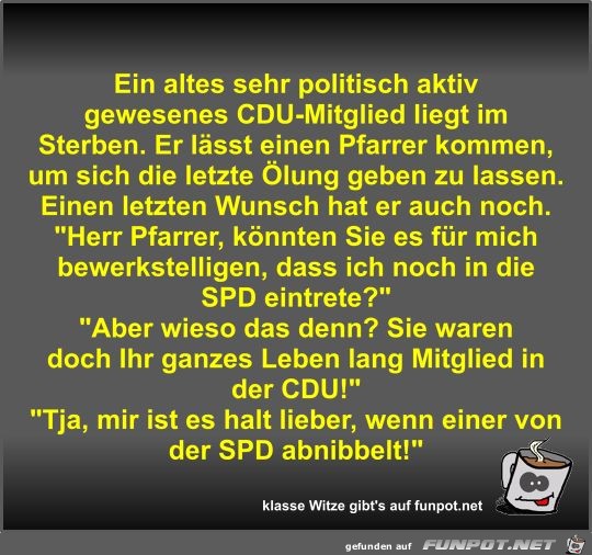 Ein altes sehr politisch aktiv gewesenes CDU-Mitglied liegt